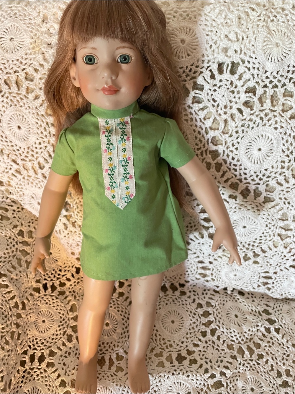 Irish Strawberry Blonde Toddler 18” Vinyl Doll in Embroidery Green Linen Dress